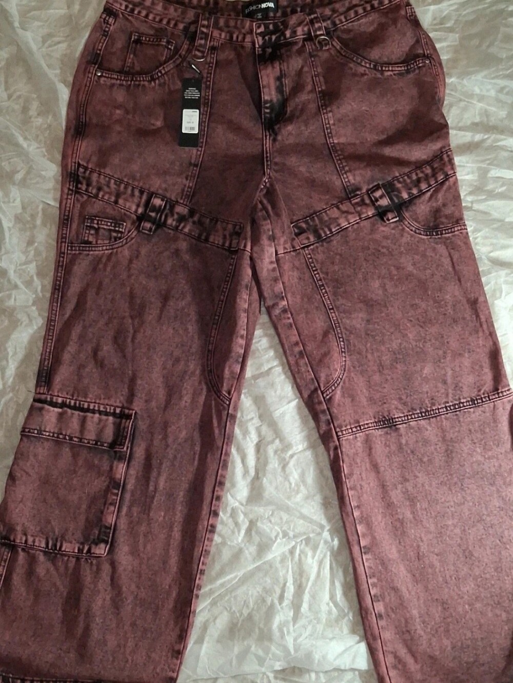 Fashion Nova Women's Burgundy Acid-Wash Cargo Jeans